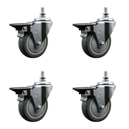 Service Caster 4 Inch Gray Polyurethane 12 Inch Threaded Stem Caster Set with Brake SCC-TS20S414-PPUB-PLB-121315-4
